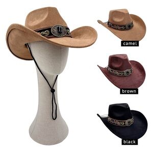 Unisex Concho Buckle Embroidered Band Accent Western Cowboy Hat